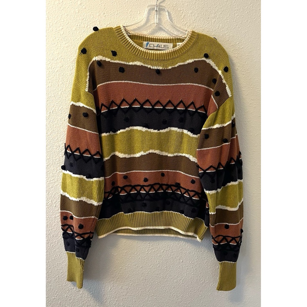 Vintage Chaus Sweater Women's Size Large Green Brown Striped Embroidered Artsy